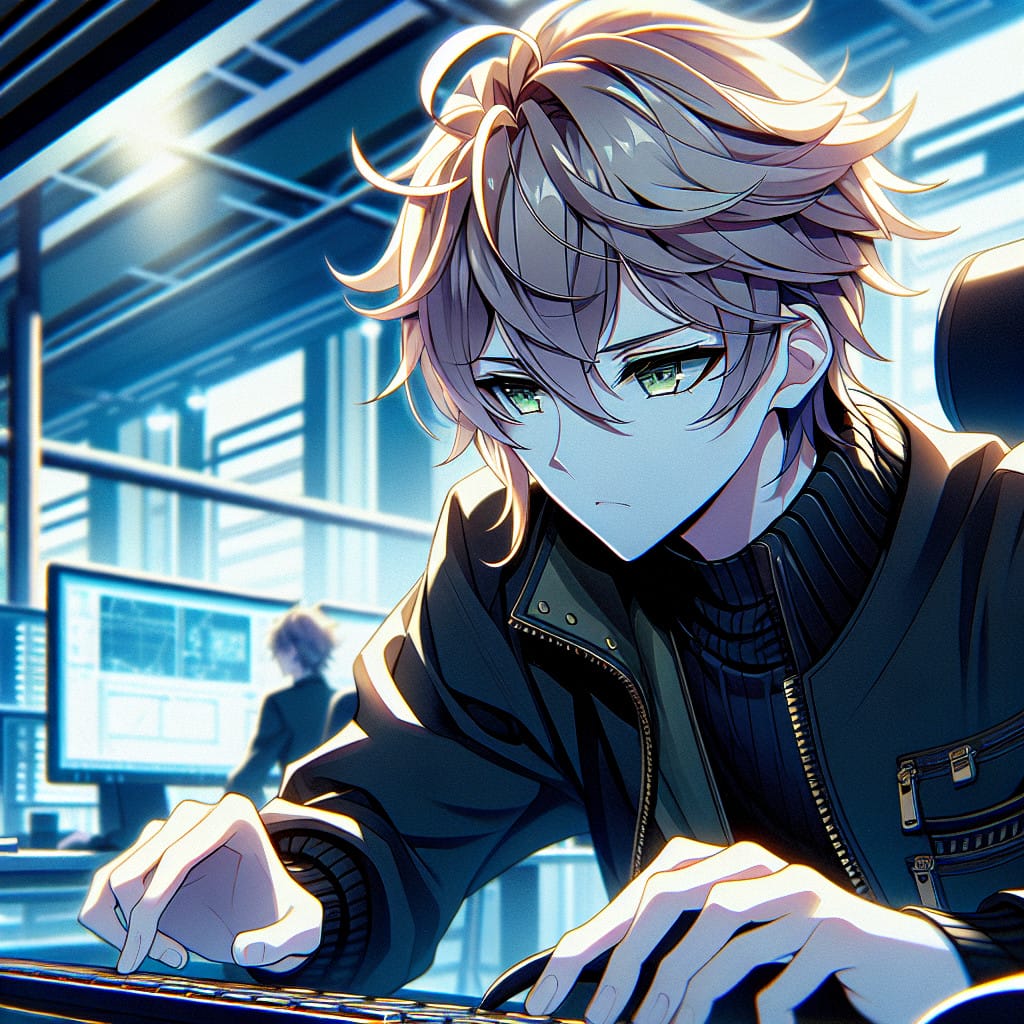imagine in anime seraph of the end like look showing an anime boy with messy blond hair and green eyes working in japan tag organisation