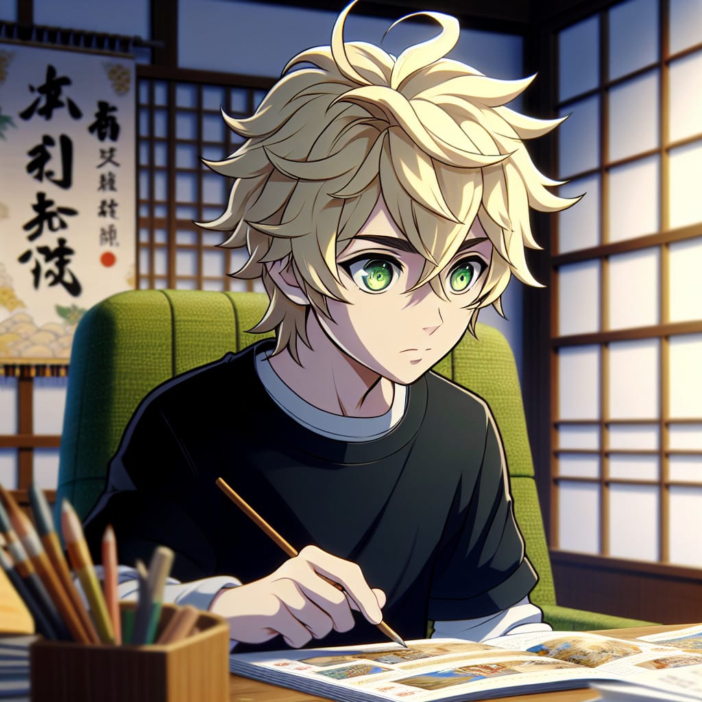 imagine in anime seraph of the end like look showing an anime boy with messy blond hair and green eyes working in japan tag planung